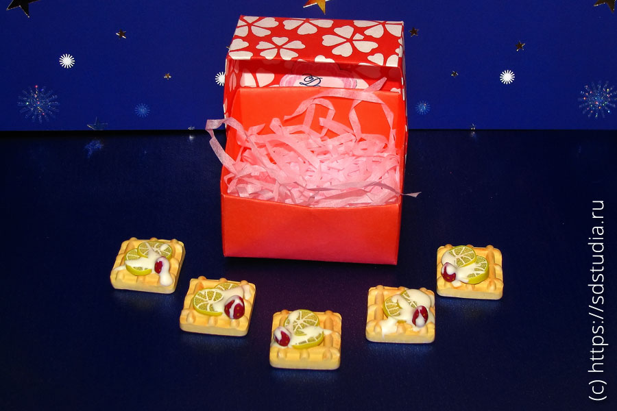 Вафли с фруктами из запекаемого пластика, кулинарная миниатюра для кукол