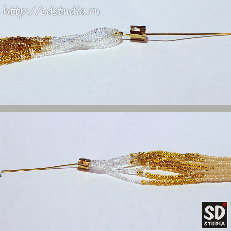 Процесс сборки украшения для куклы из бисера, мастеркласс