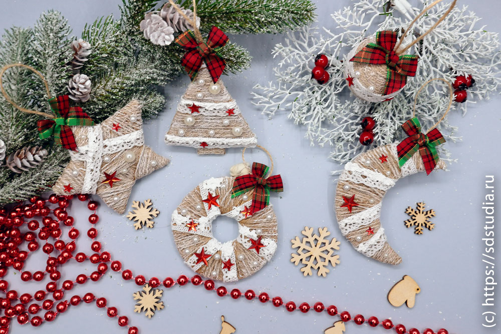 Новогодние ёлочные игрушки ручной работы из джута